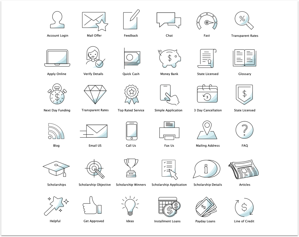 Multiple custom icons shown in a 6 by 6 grid