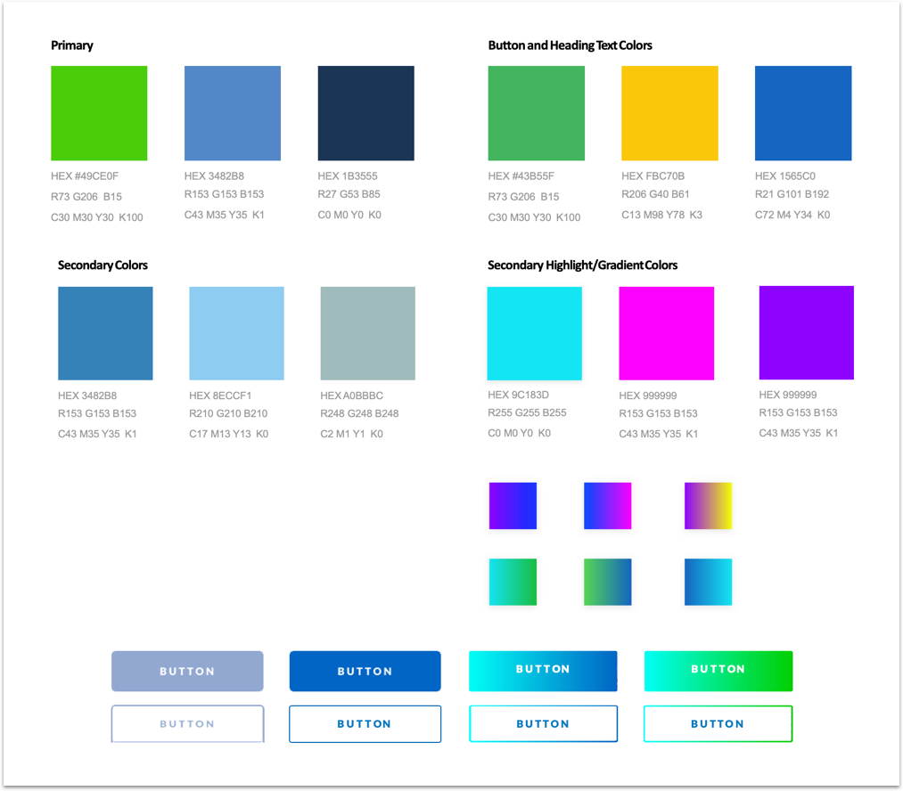 12 solid colour swatches, followed by 6 gradient colour swatches, followed by 4 buttons using those colours