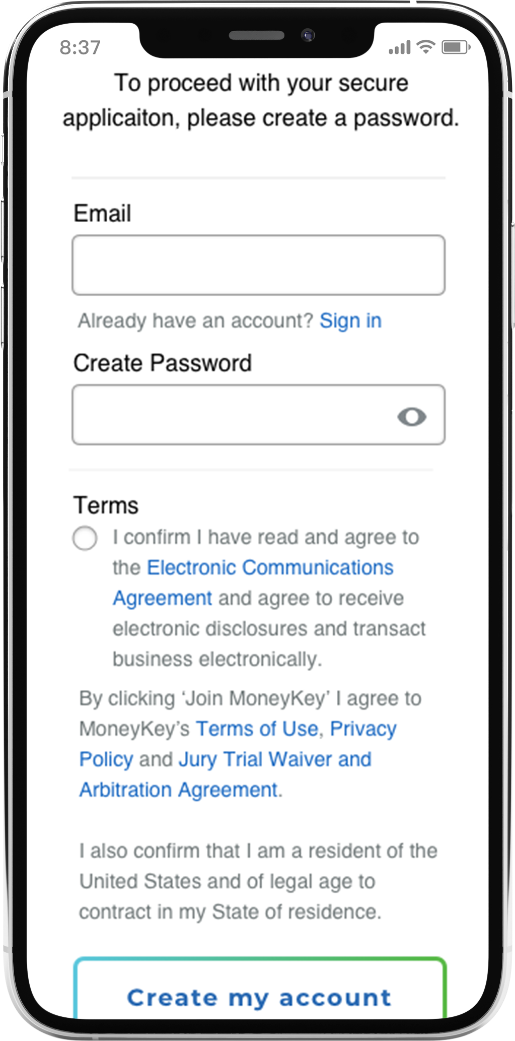 iPhone displaying Create Account screen with many agreements below the Terms field