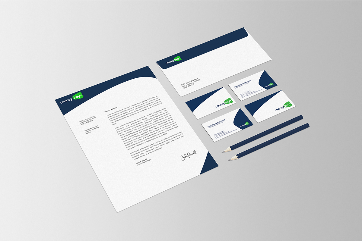 Moneykey Stationary including a letterhead, business cards and envelope