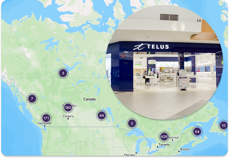 Map of Canada with circles that indicate the number of Telus stores in each province